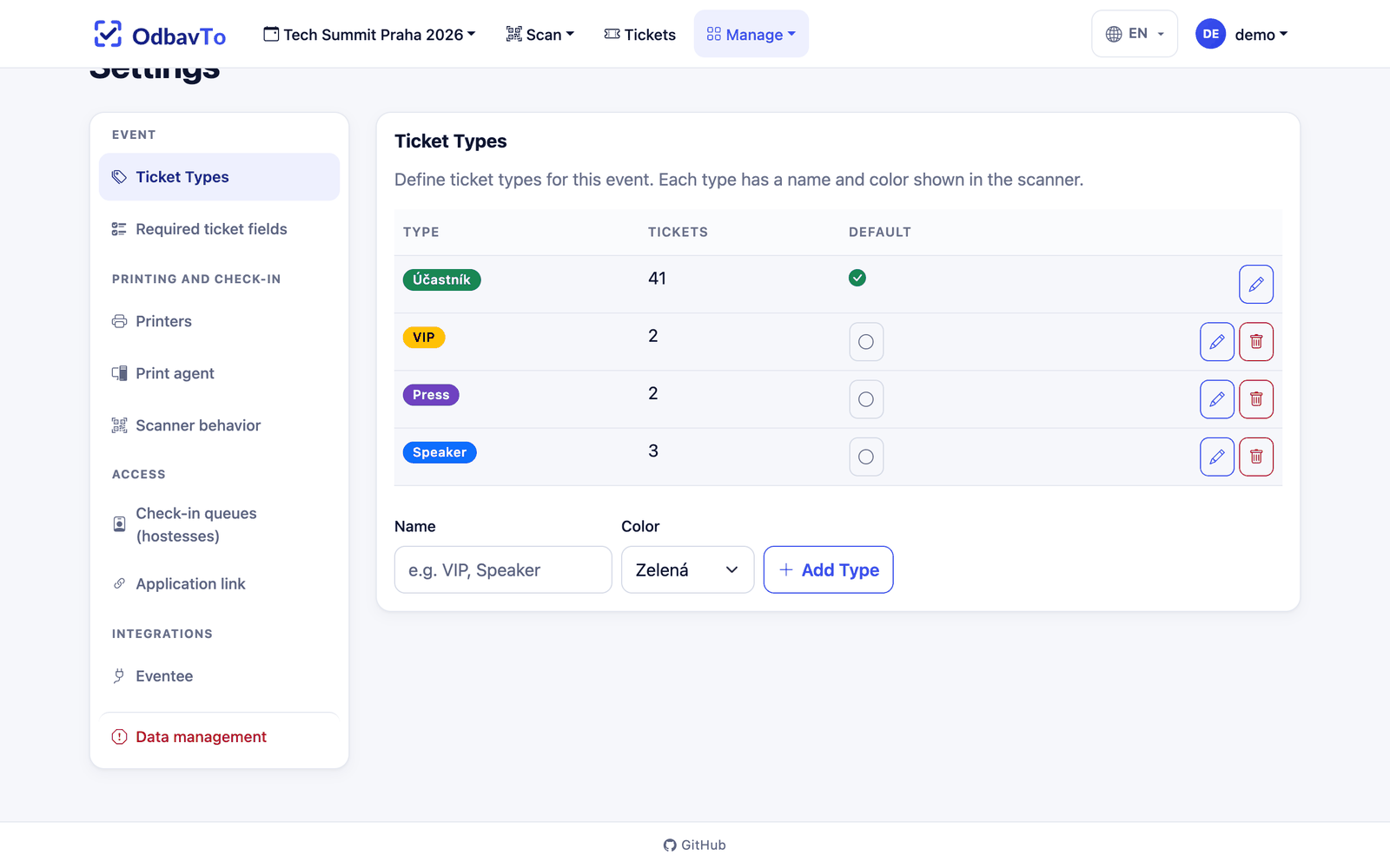Ticket types in settings